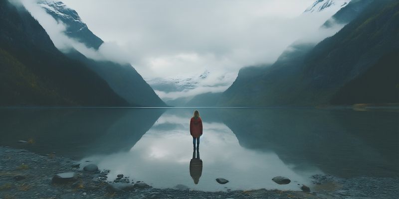 lake man water rock back nature mountain travel hiking yellow cape. Generative AI.