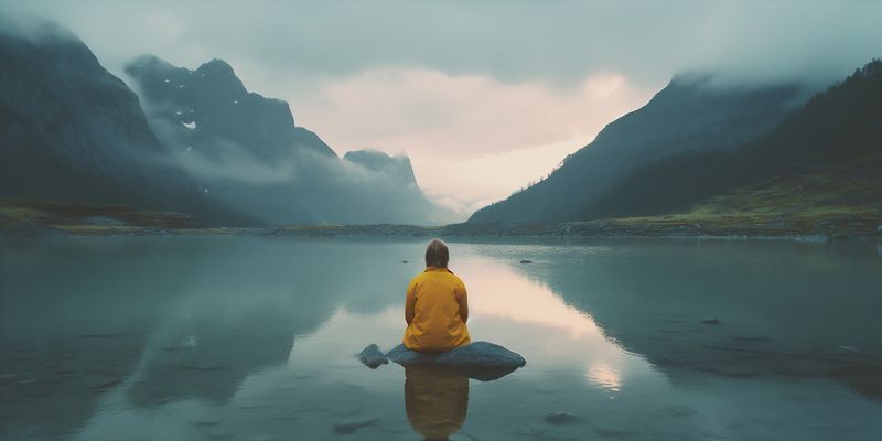 yellow man water travel scenery back hiking lake nature mountain cape. Generative AI.