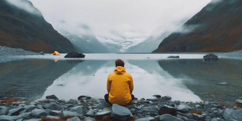 man hiking travel mountain holiday cape yellow back lake nature water. Generative AI.