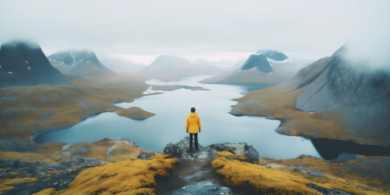 mountain man hiking cape travel back person water nature lake yellow. Generative AI.