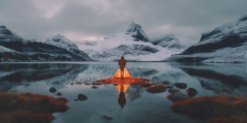 man yellow mountain lake scenery cape hiking water back nature travel. Generative AI.