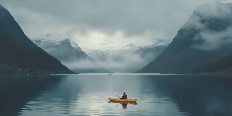 man lake back yellow cape travel hiking adult nature water mountain. Generative AI.