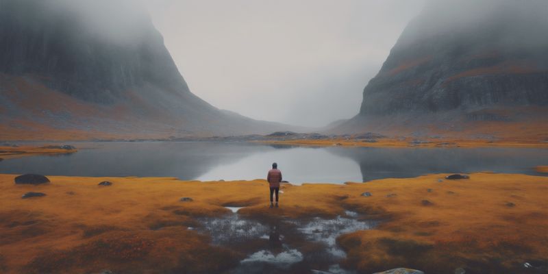 travel man nature yellow water landscape mountain lake back hiking cape. Generative AI.