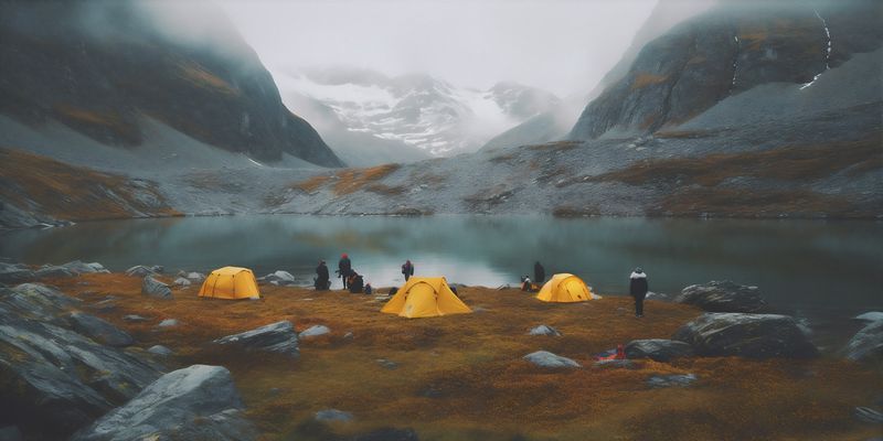 man cape freedom water lake travel yellow hiking back mountain nature. Generative AI.