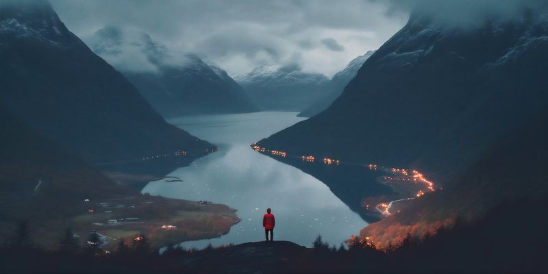 man yellow sitting mountain lake nature water cape travel hiking back. Generative AI.