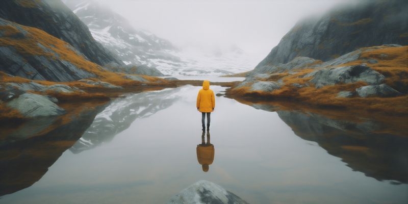 water man mountain yellow happy hiking nature travel cape lake back. Generative AI.