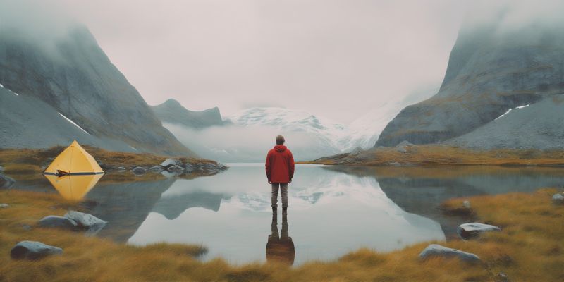 back man cape hiking lake hill mountain travel water nature yellow. Generative AI.