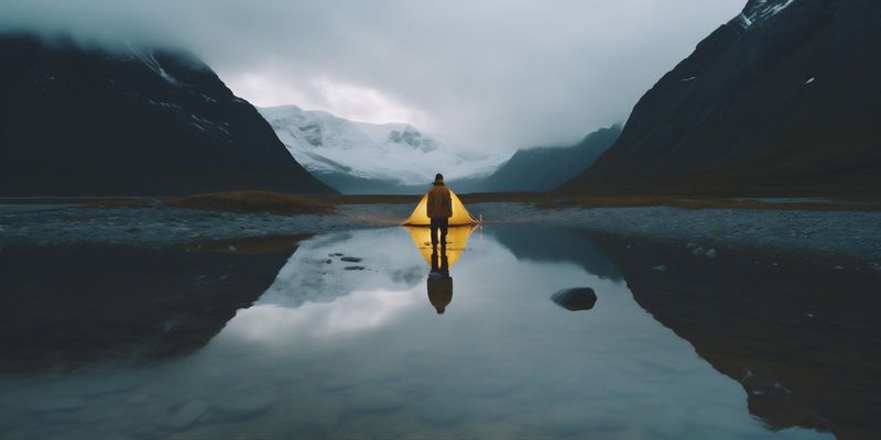 water man relax hiking cape back yellow mountain travel lake nature. Generative AI.