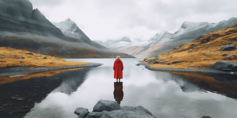 man travel yellow lake water cape concept back nature hiking mountain. Generative AI.