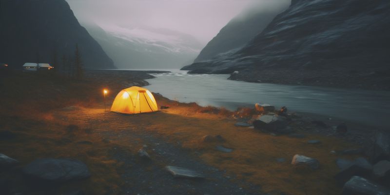 travel man hiking water nature lake young cape mountain yellow back. Generative AI.