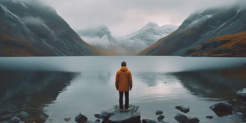 man nature travel cape back mountain yellow adventure water hiking lake. Generative AI.