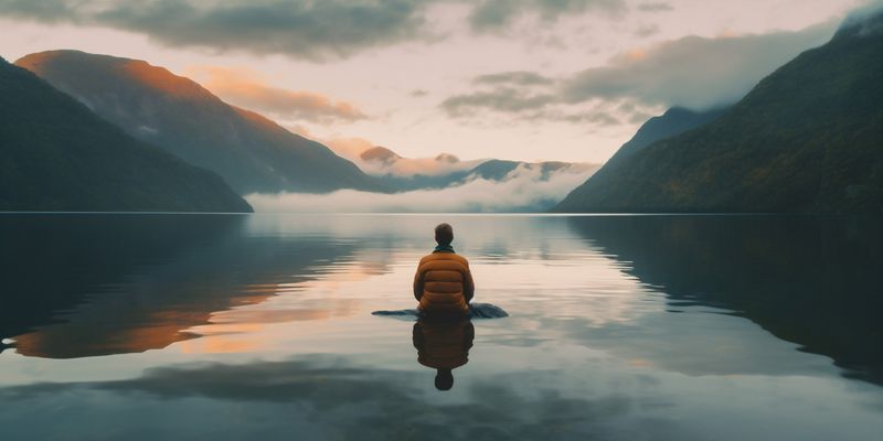 man mountain scenic nature water cape background yellow hiking back travel lake. Generative AI.