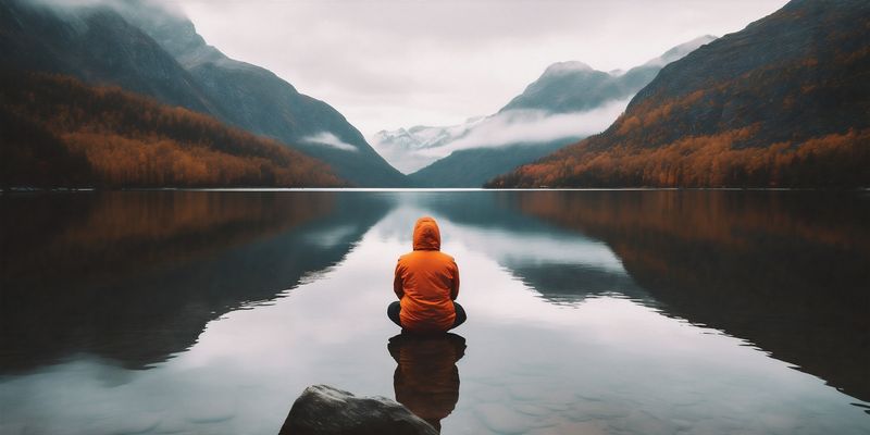 yellow man cape mountain hiking travel back river nature lake water. Generative AI.