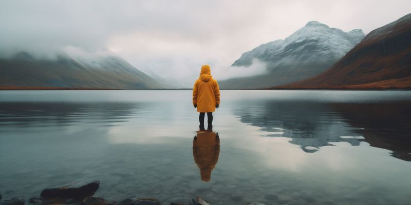 man back travel hiker mountain hiking lake cape nature yellow water. Generative AI.