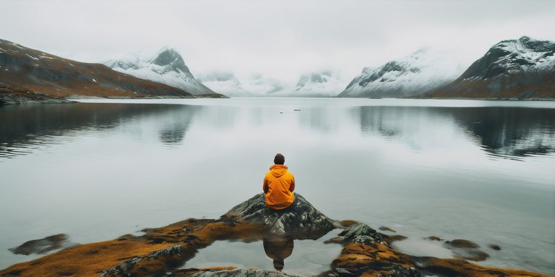 cape man travel yellow nature back hiking lake water hill mountain. Generative AI.