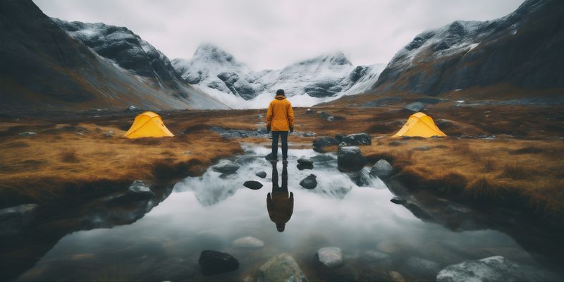 yellow man cape hiking travel water nature back person lake mountain. Generative AI.