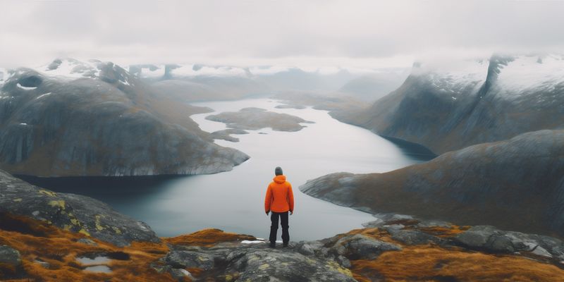 man hiking scenic cape lake back water yellow mountain nature travel. Generative AI.