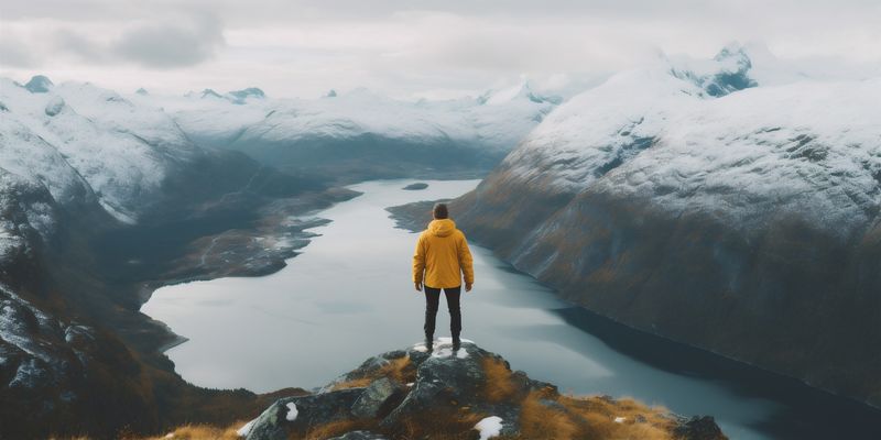 man yellow cape travel tour lake nature hiking mountain water tourism back. Generative AI.