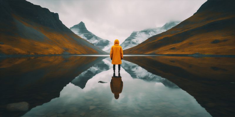 man nature back travel cape lake adventure hiking water yellow mountain. Generative AI.