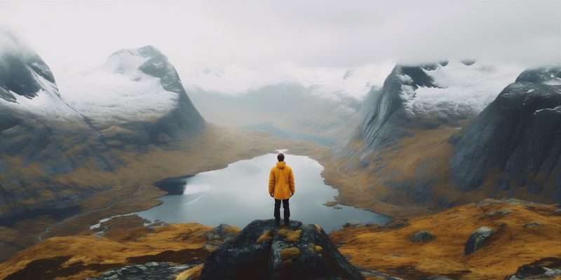 man yellow travel hiking mountain lake backpack back cape water nature. Generative AI.