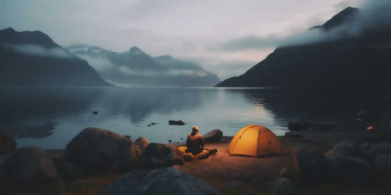 man back mountain lake yellow travel nature river cape water hiking. Generative AI.