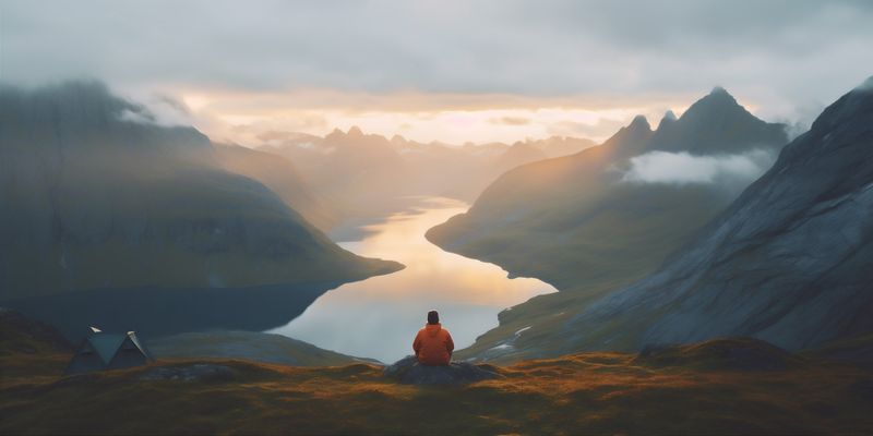 nature man water cape back mountain travel yellow hiking landscape lake. Generative AI.