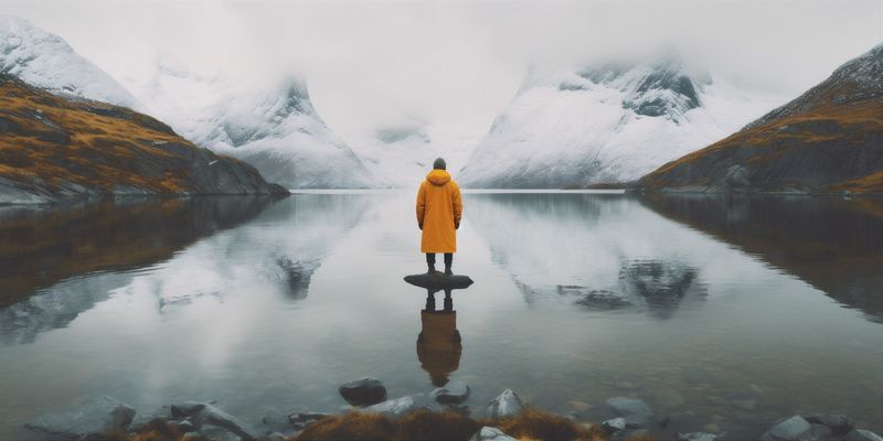 man back mountain nature holiday lake travel water hiking cape yellow. Generative AI.