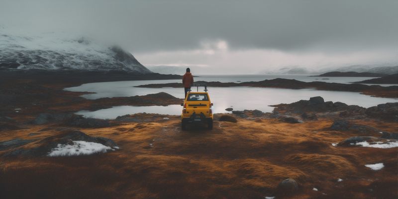 cape man travel yellow back person mountain lake water nature hiking. Generative AI.