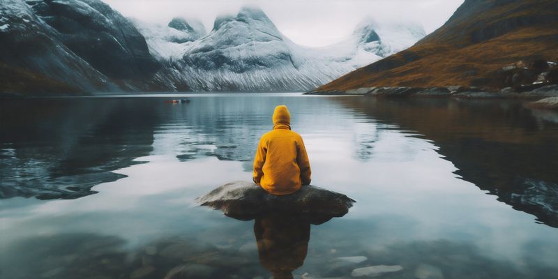 man hiking tour travel nature lake yellow mountain back water cape tourism. Generative AI.