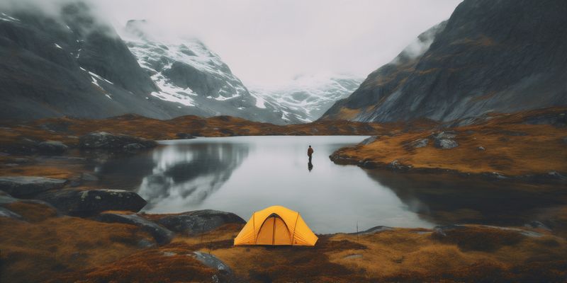 man cape water nature yellow mountain travel hiking lake back landscape. Generative AI.