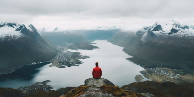 man cape alone water mountain back lake nature yellow travel hiking. Generative AI.