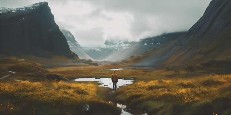 man travel male back lake yellow water hiking cape nature mountain. Generative AI.