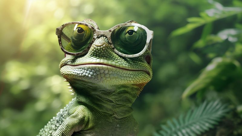 glasses animal iguana lizard green reptile close-up portrait scale wildlife. Generative AI.