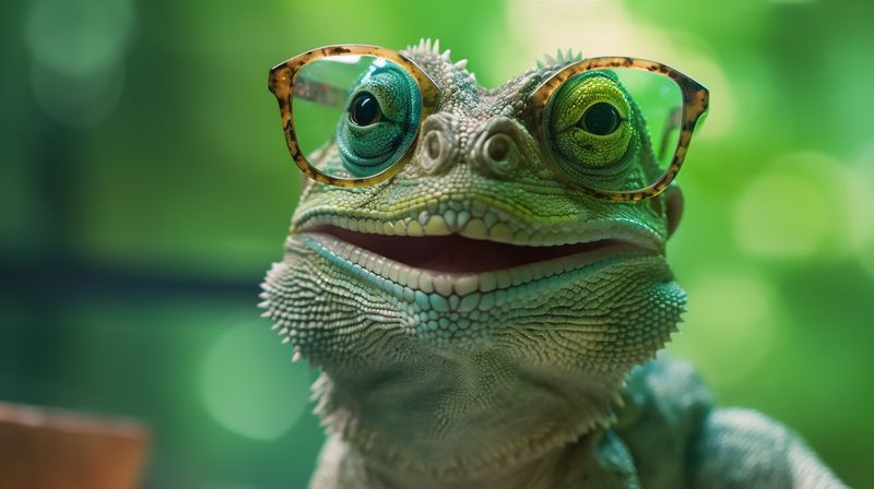 close-up iguana glasses green wildlife scale reptile animal portrait lizard. Generative AI.