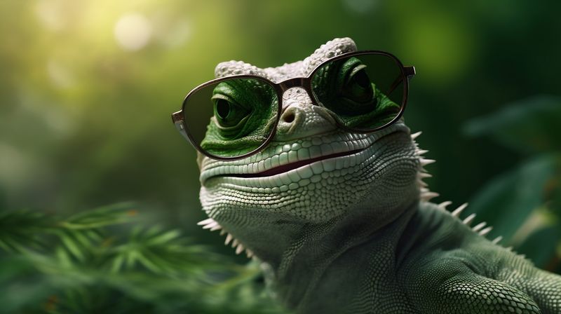 reptile portrait wildlife green scale animal glasses lizard iguana close-up. Generative AI.
