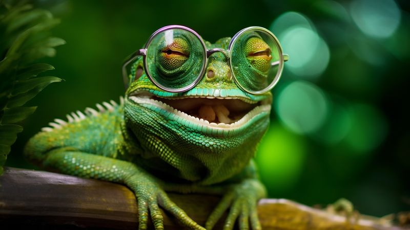 green reptile glasses scale lizard wildlife close-up animal iguana portrait. Generative AI.