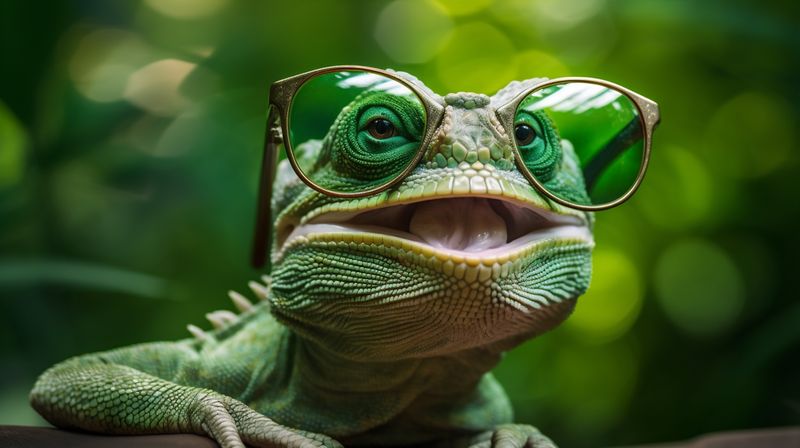 iguana green animal lizard reptile scale wildlife close-up glasses portrait. Generative AI.