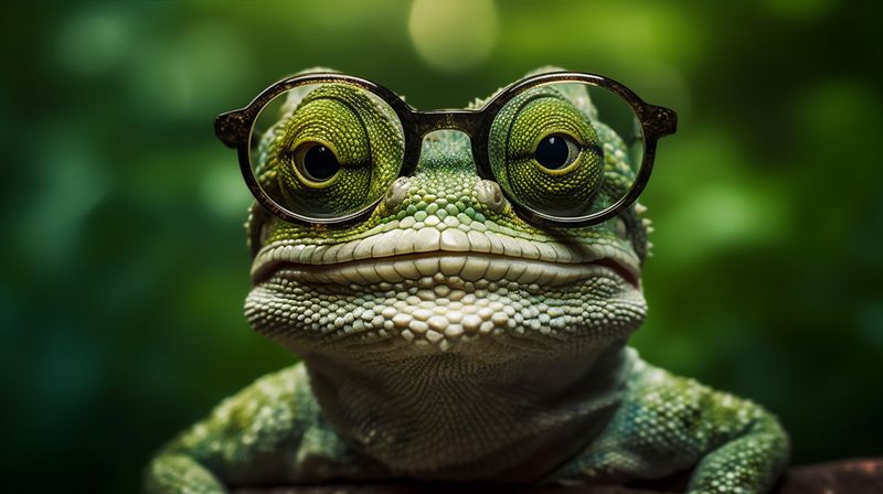 reptile close-up scale green portrait animal iguana wildlife lizard glasses. Generative AI.