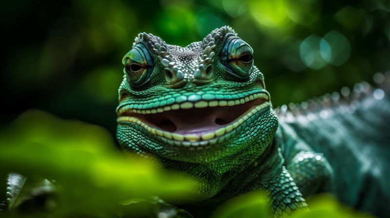 portrait close-up glasses iguana animal wildlife lizard green scale reptile. Generative AI.