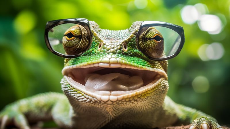 glasses green close-up iguana reptile lizard portrait animal scale wildlife. Generative AI.