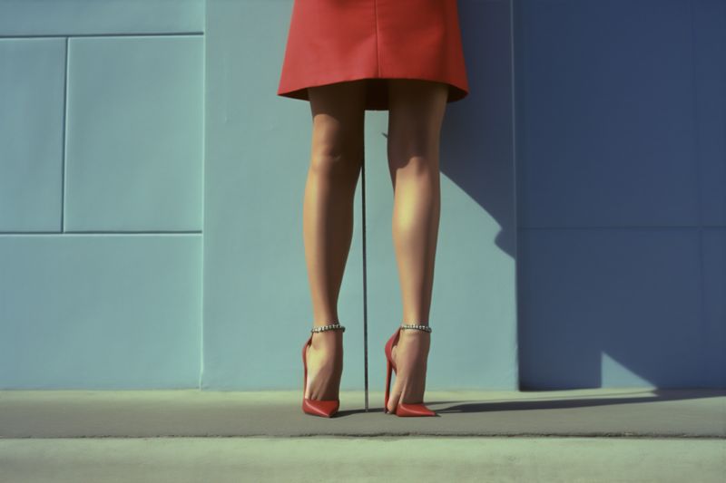 woman leg red shoe concept fashion foot blue colorful stylish beautiful. Generative AI.