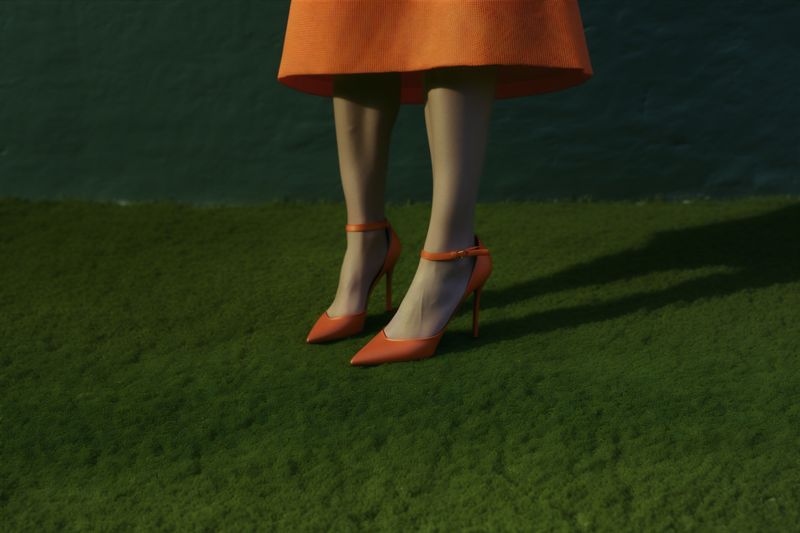 woman beautiful fashion foot leg concept red colorful shoe blue beauty. Generative AI.