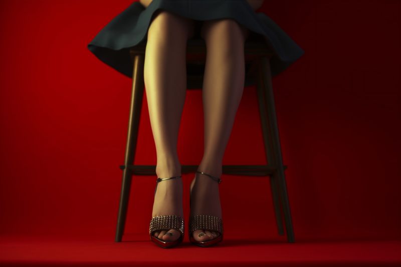 model woman beautiful concept foot leg shoe colorful red blue fashion. Generative AI.