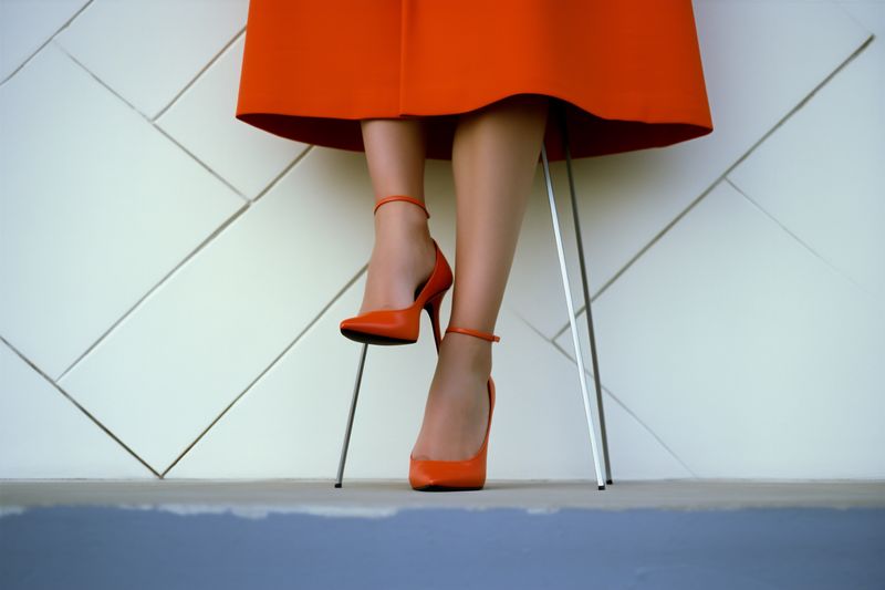 concept woman elegant red foot shoe leg blue beautiful fashion colorful. Generative AI.