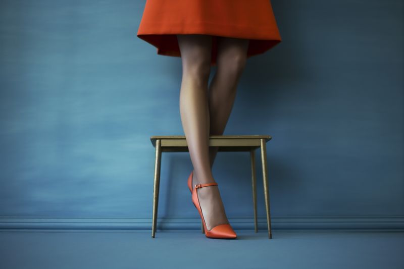 red woman blue shoe fashion colorful concept foot slim beautiful leg. Generative AI.