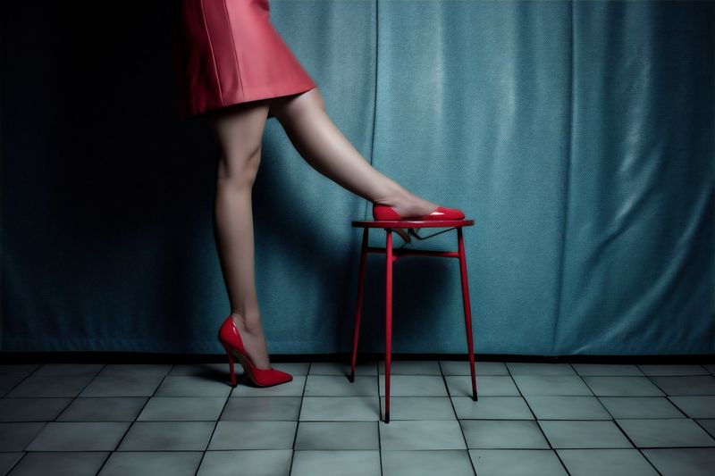 woman fashion red shoe blue beautiful leg colorful concept collection foot. Generative AI.