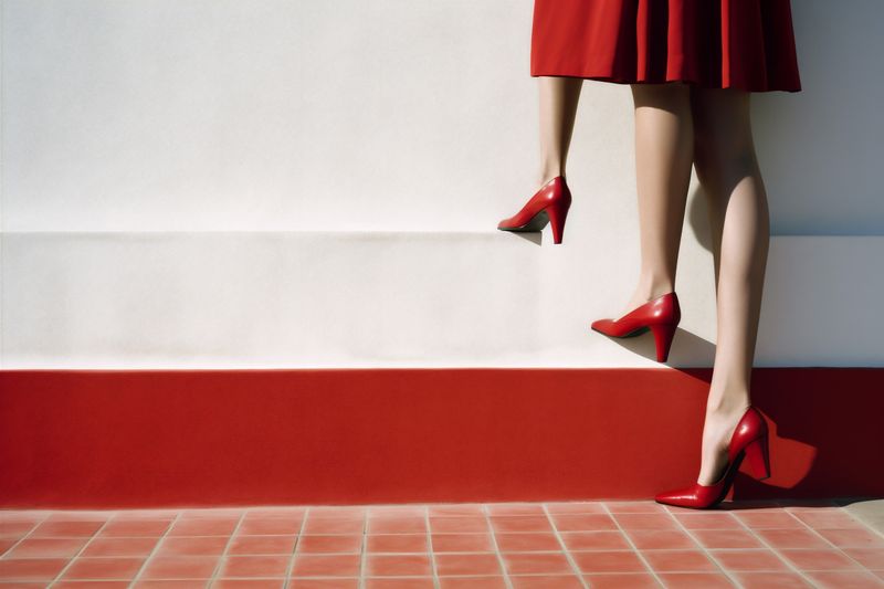 concept woman beautiful colorful fashion blue shoe leg red foot elegant. Generative AI.