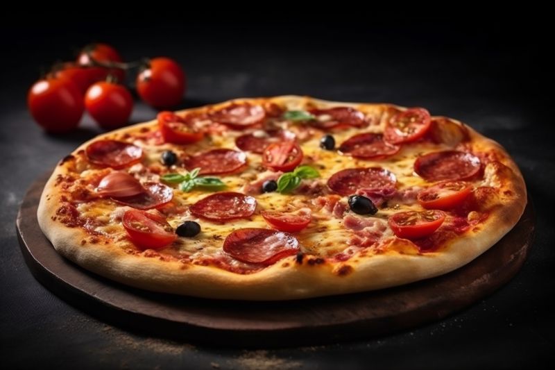 food meal tomato mediterranean black fast food cheese space pizza italian copy background. Generative AI.