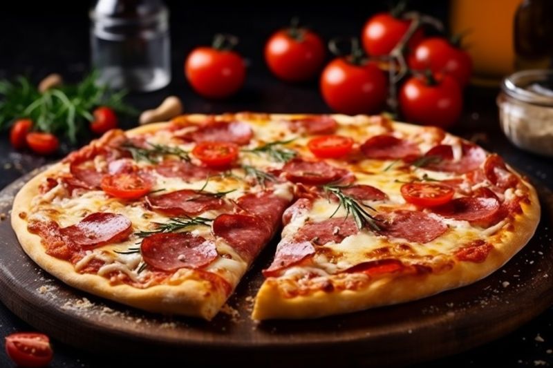 italian cheese food baked pizza tomato space food fast meal background copy black. Generative AI.