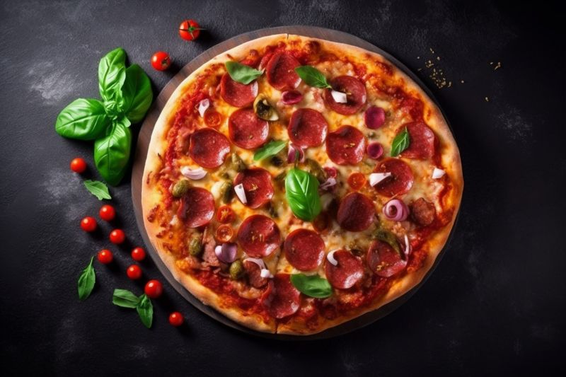 italian crust cheese background pizza tomato fast food space copy meal food black. Generative AI.